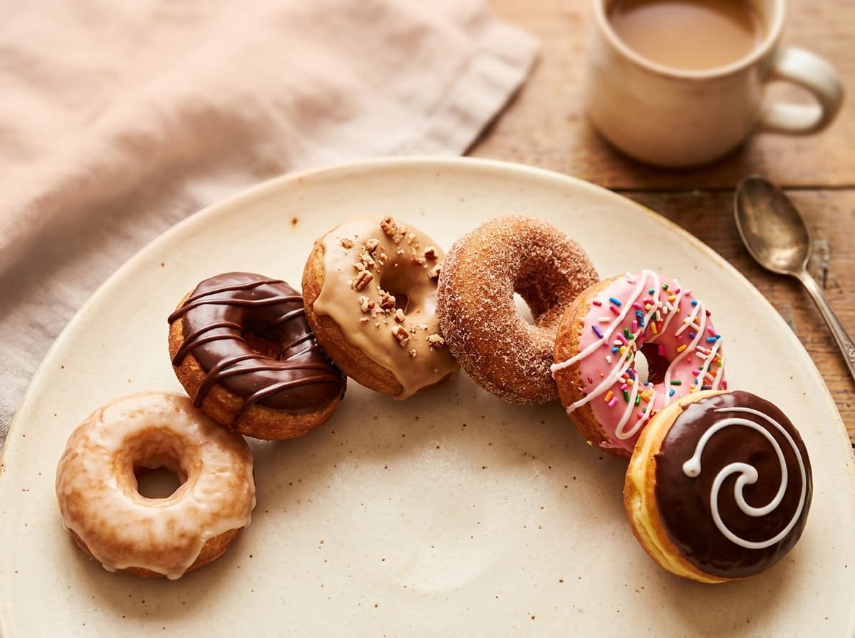 A plate of fresh handmade donuts — glazed, chocolate iced, maple, cinnamon sugar, pink sprinkle, and Boston cream — with a cup of coffee